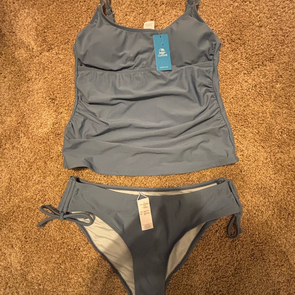 CUPSHE Dusty Blue Tankini Set with Side-Tie Bikini Bottoms